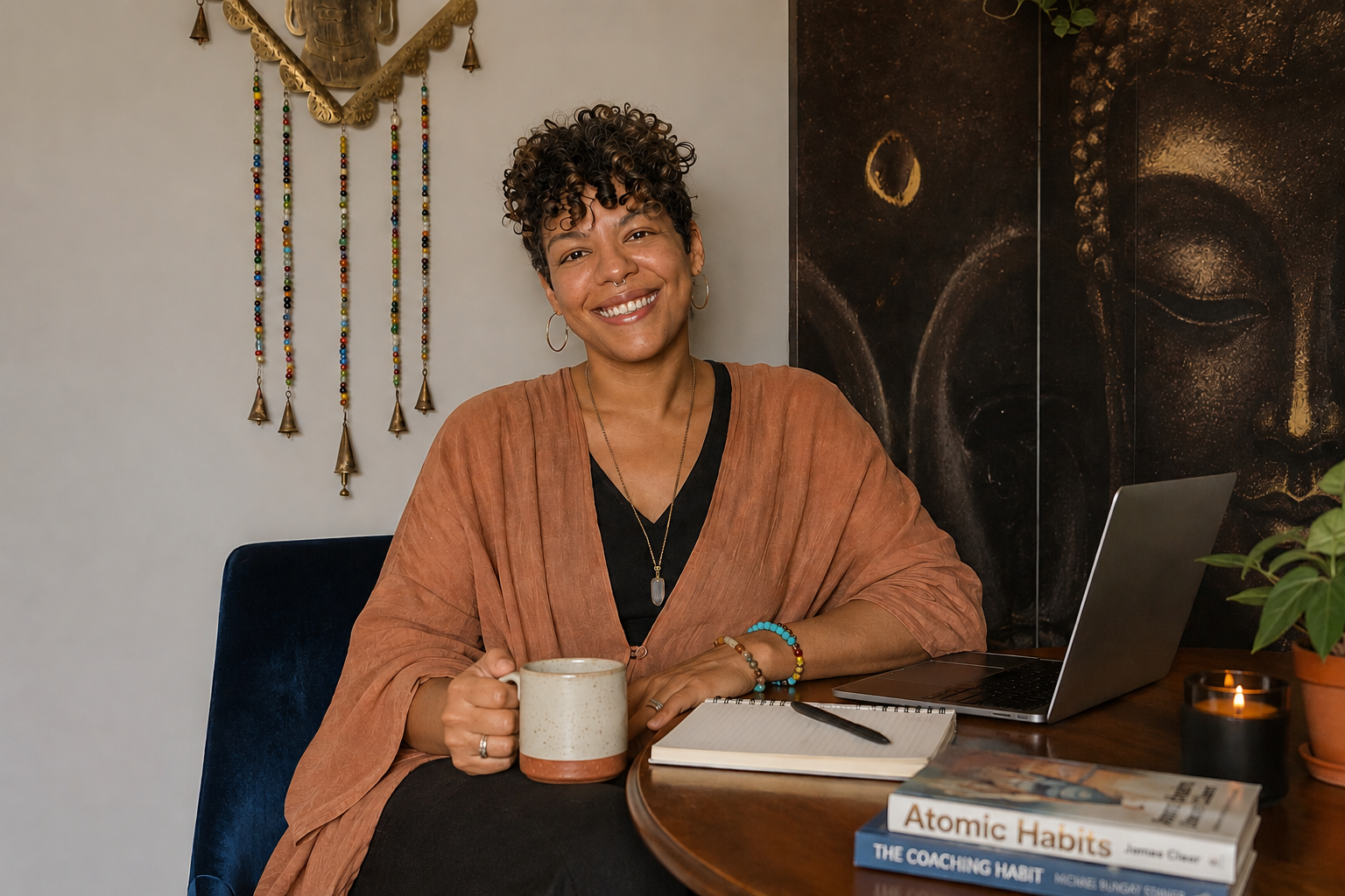 Hev Michel at a worktable with a notebook and laptop